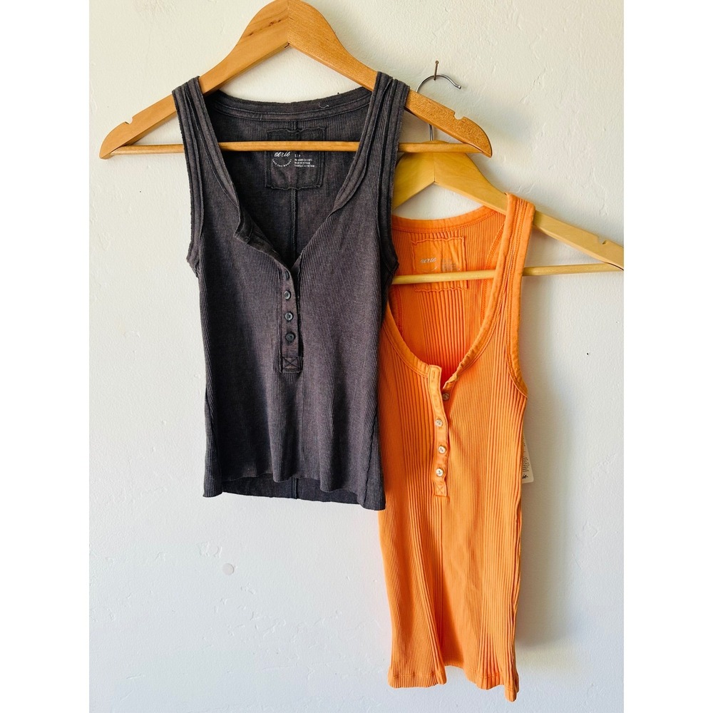 Aerie Henley Tank Top Set 2 Ribbed Sleeveless Grey/Orange Small/XXS Racerback